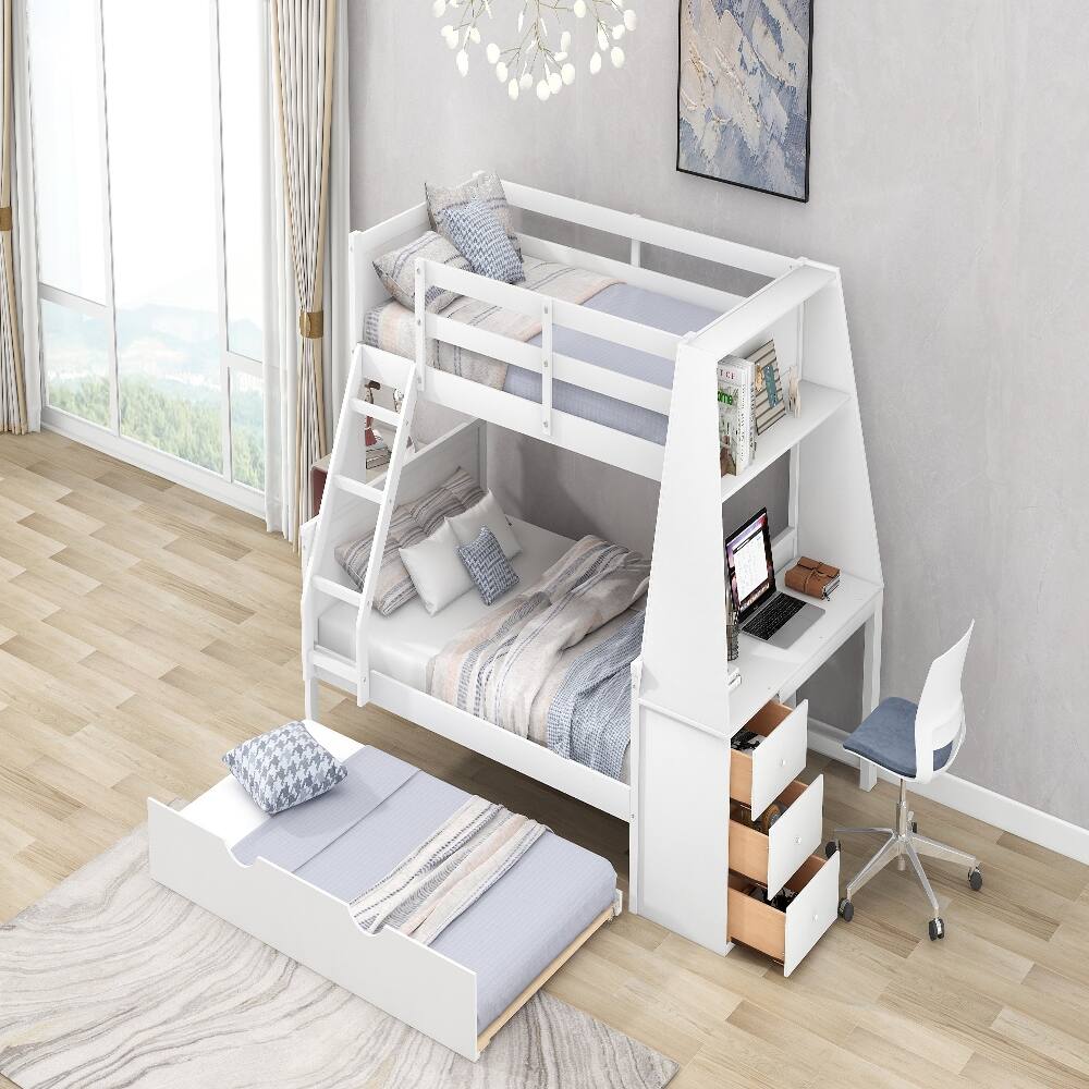 Back. Loheer - Loheer Twin Over Full Bunk Bed with Trundle Desk Storage White - White.