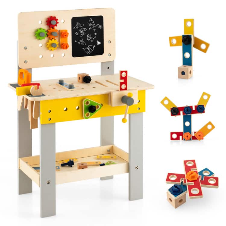 SlickBlue - Pretend Play Wooden Workbench Set with Blackboard for Kids 3 Years and Up - Multicolor