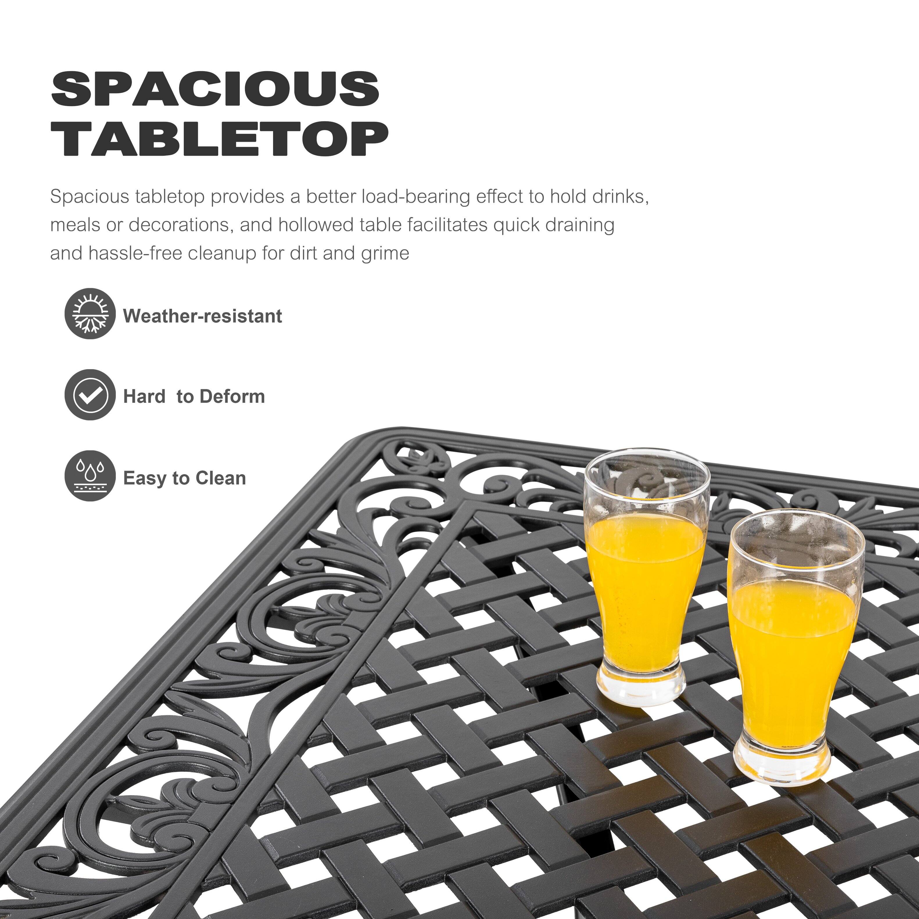 SPACIOUS TABLETOP

Spacious tabletop provides a better load-bearing effect to hold drinks, meals or decorations, and hollowed table facilitates quick draining and hassle-free cleanup for dirt and grime

- Weather-resistant
- Hard to Deform
- Easy to Clean