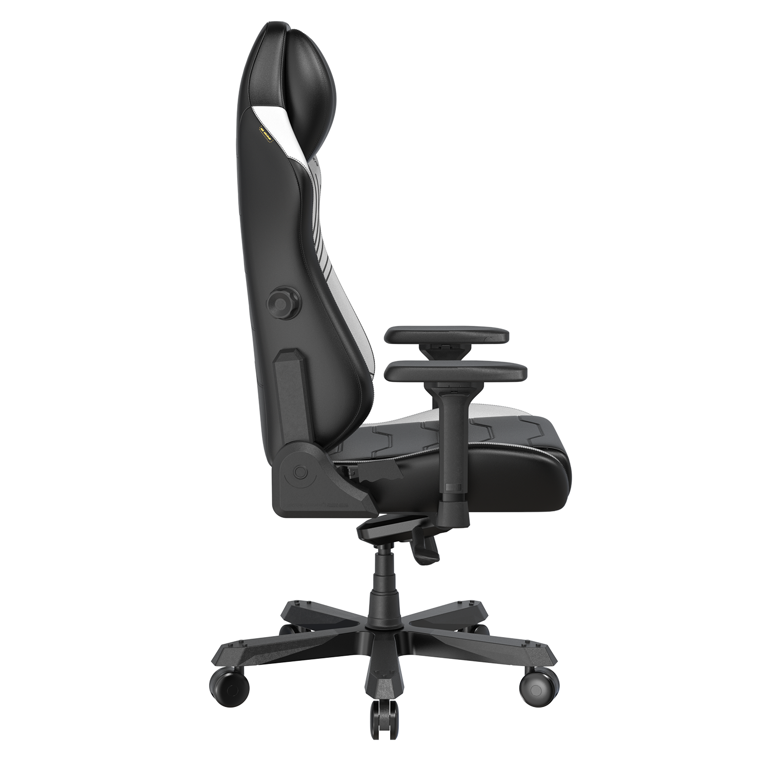 Left. DXRacer - DXRacer Master Series Gaming Chair – Black with lines, Premium PU Leather with Built-In Lumbar Support & 4D Armrests - Black and White.