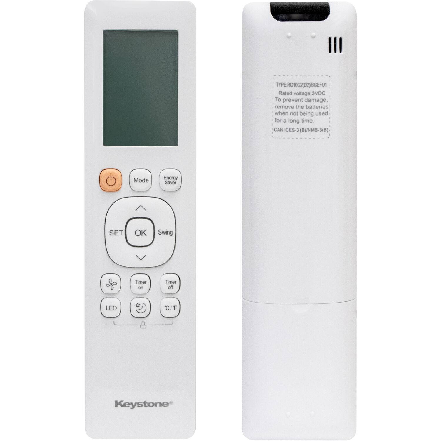 The text on the image is:

"Rated voltage: 3VDC
To prevent damage, remove the batteries when not being used for a long time.
CAN/CSA-B/NMB-3(B) 3(8) Mode Energy Saver
OK
Swing Timer of LED C/F
F
Keystone"