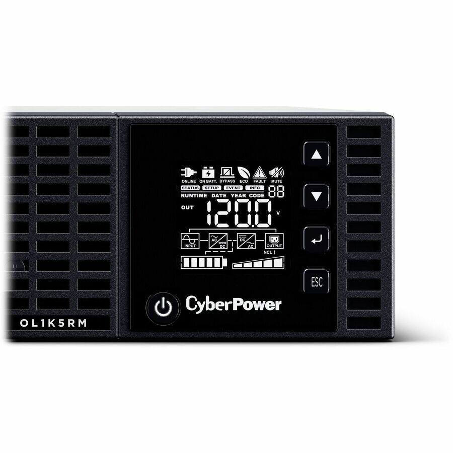 ONLINE ON BATT. BYPASS ECO FAULT MUTE STATUS SETUP EVENT INFO  
RUNTIME DATE YEAR CODE  
OUT  
V  
INPUT  
AC DC  
DC AC  
OUTPUT NCL I  
OL1K5RM  
ESC CyberPower