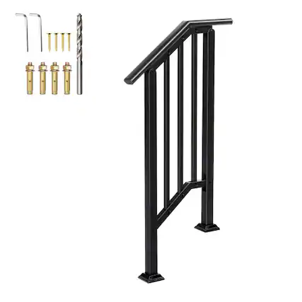 Front. Winado - Handrails 1-Step with Straight End, Wrought Iron Stair Railing for Concrete Indoor Outdoor Steps Fits Garden Porch - Black.