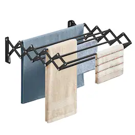 Songmics Home - Clothes Drying Rack, Wall-Mounted Drying Rack Clothing, Small Accordion Laundry Rack, 9 Staggered Hanging Rods - Ink Black
