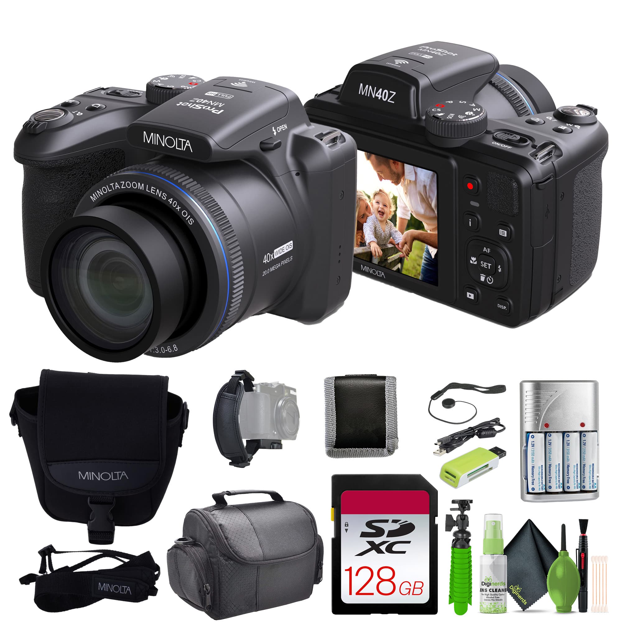 Minolta - 20 Mega Pixels 40x Optical Zoom Digital Camera, 1080p FHD Video Bundle - Black
