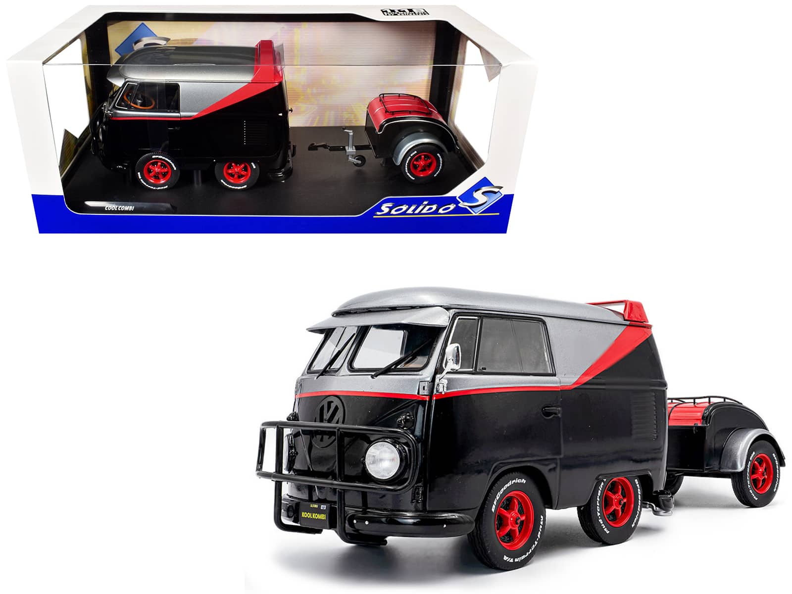 2024 Volkswagen Kool Kombi Sport Van with Trailer Black and Silver with Red Stripe 1/18 Diecast Model Car by Solido price history on PriceWatchPro