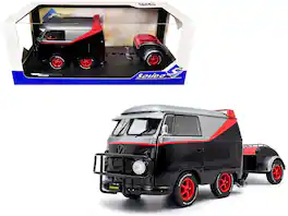 2024 Volkswagen Kool Kombi Sport Van with Trailer Black and Silver with Red Stripe 1/18 Diecast Model Car by Solido
