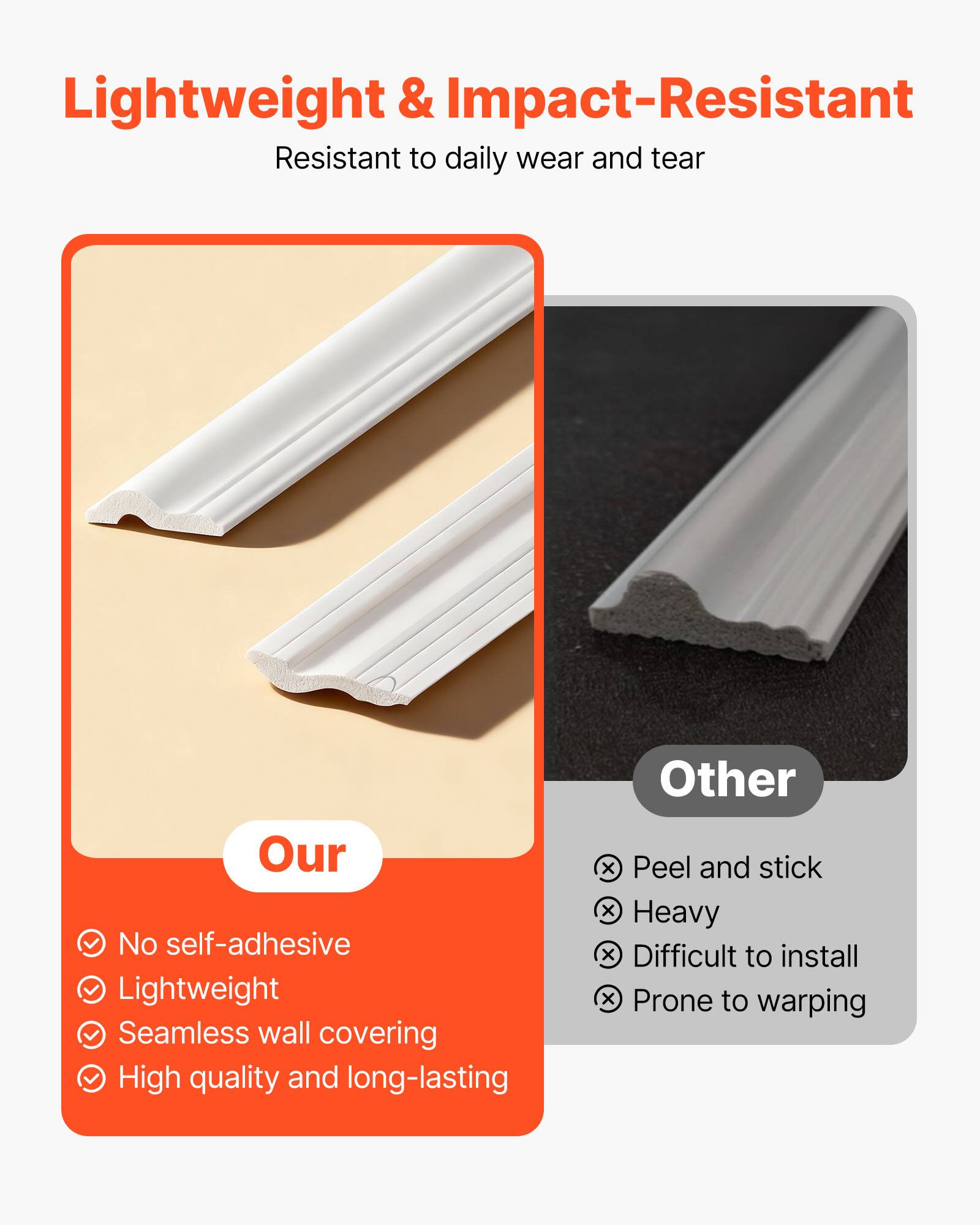 Lightweight & Impact-Resistant  
Resistant to daily wear and tear  

Our  
- No self-adhesive  
- Lightweight  
- Seamless wall covering  
- High quality and long-lasting  

Other  
- Peel and stick  
- Heavy  
- Difficult to install  
- Prone to warping