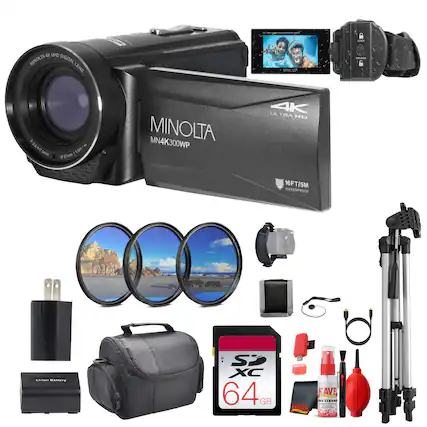 - MINOLTA AK UHD DIGITAL LENS
- MINOLTA MN4K300WP
- 4K ULTRA HD
- 16FT/5M WATERPROOF
- LiOn battery
- 64 GB SDXC
- Accessories: cleaning kit, tripod, lens, etc.