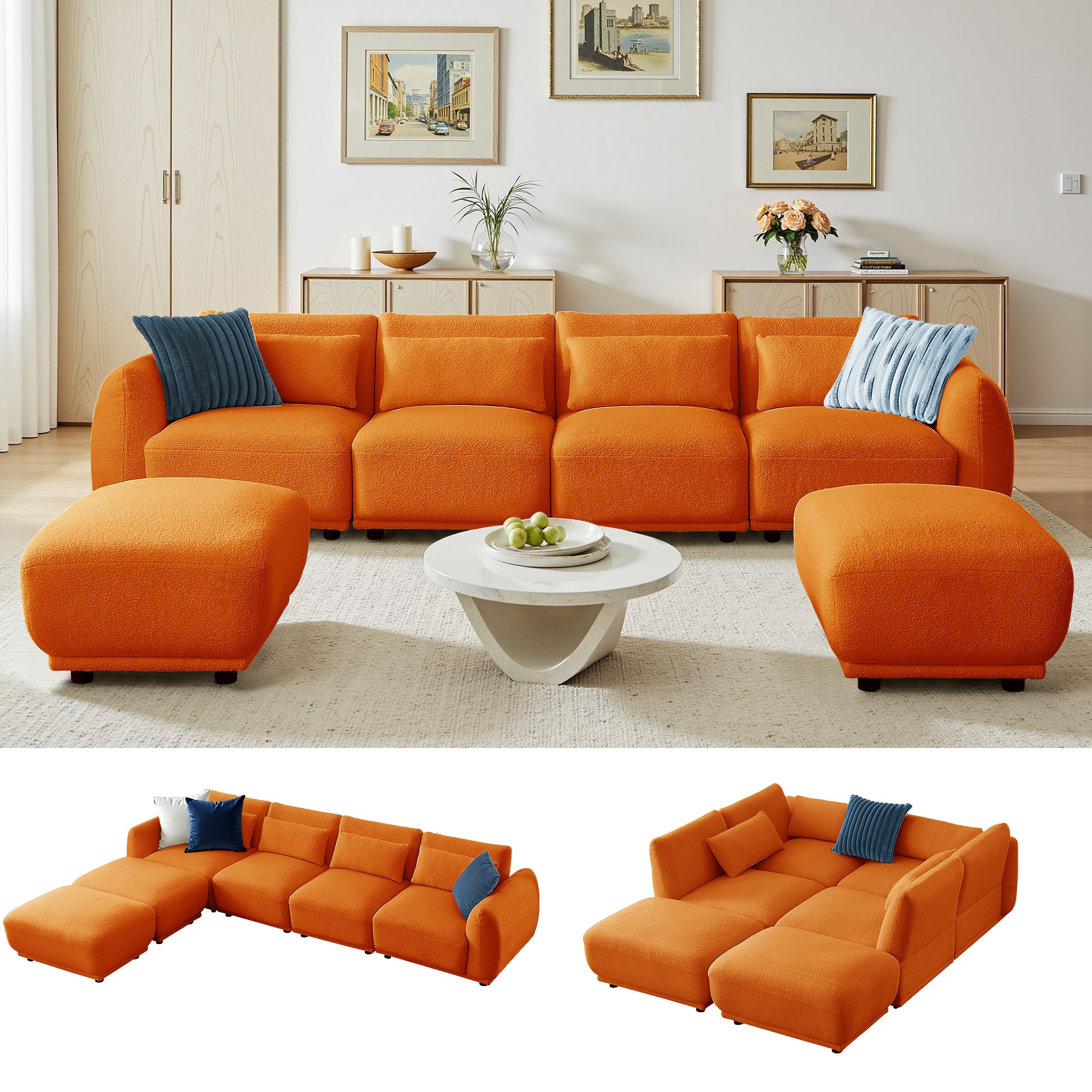Meqiodas - Modern Sectional Sofa, Modular L-Shaped Cloud Couch, Convertible Modular Sectional Sofa with Ottoman - Orange(4+2)
