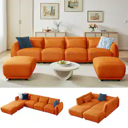 Meqiodas - Modern Sectional Sofa, Modular L-Shaped Cloud Couch, Convertible Modular Sectional Sofa with Ottoman - Orange(4+2)