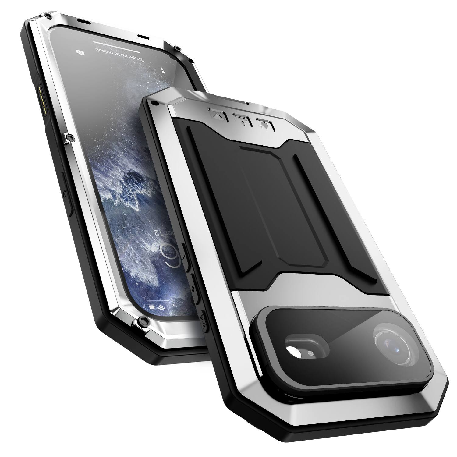 Angle. Dteck - Rugged Case for Apple iPhone Air Flip Camera Kickstand Built-in Screen Protector Military Grade Protection Cover - Silver.