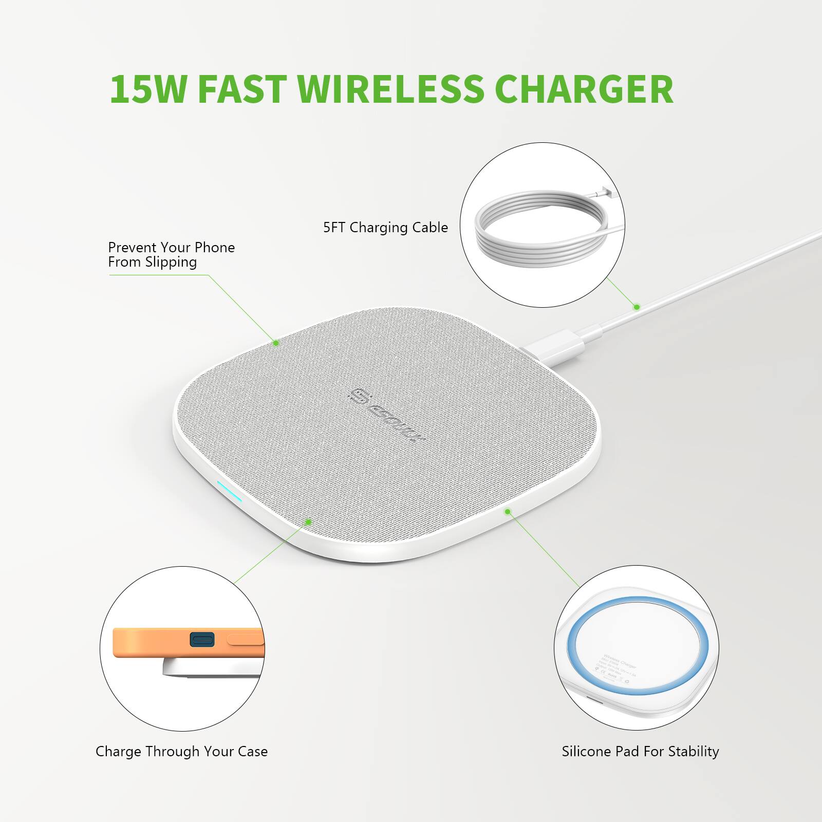15W FAST WIRELESS CHARGER

- Prevent Your Phone From Slipping
- 5FT Charging Cable
- Charge Through Your Case
- Silicone Pad For Stability