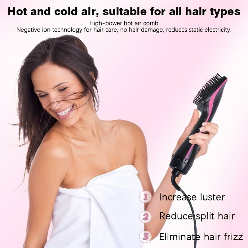 Hot and cold air, suitable for all hair types

High-power hot air comb  
Negative ion technology for hair care, no hair damage, reduces static electricity.

1. Increase luster  
2. Reduce split hair  
3. Eliminate hair frizz