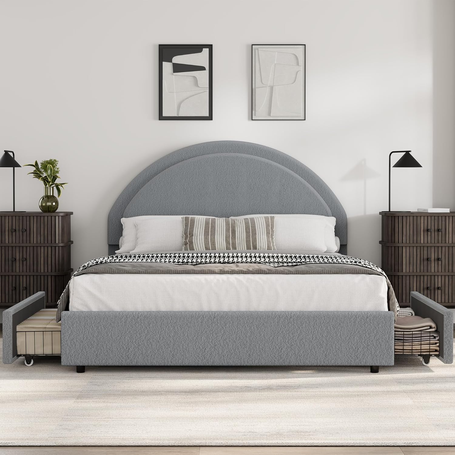 Alt View 4. Homhougo - Full Boucle Bed Frame with Storage Drawers, Grey Upholstered Platform Bed with Round Headboard, Heavy-Duty - Grey.