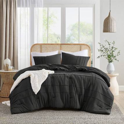 Front. Hivvago - Twin/Twin XL Pre-Washed Pleated Microfiber Comforter Set in Black - Black.