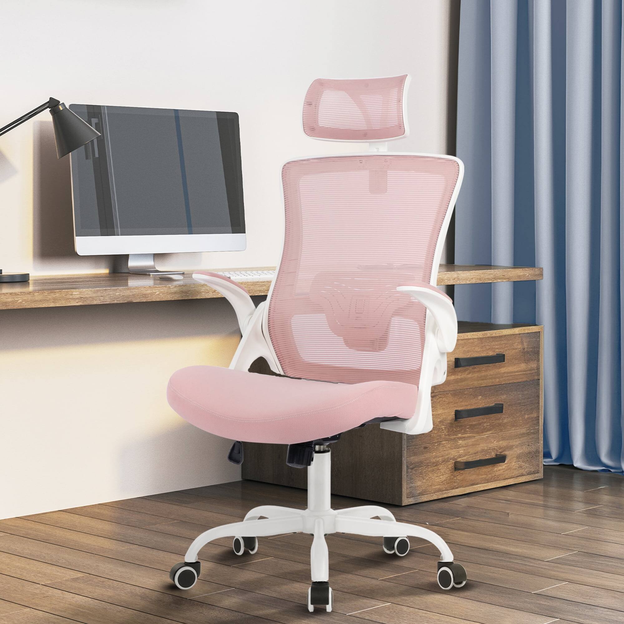 Left. Neo Chair - Office Desk Computer Mesh Chair High Back Comfy Adjustable Ergonomic Headrest Lumbar Rolling Flip-up Armrests Steel Base - Steel Base-Pink.