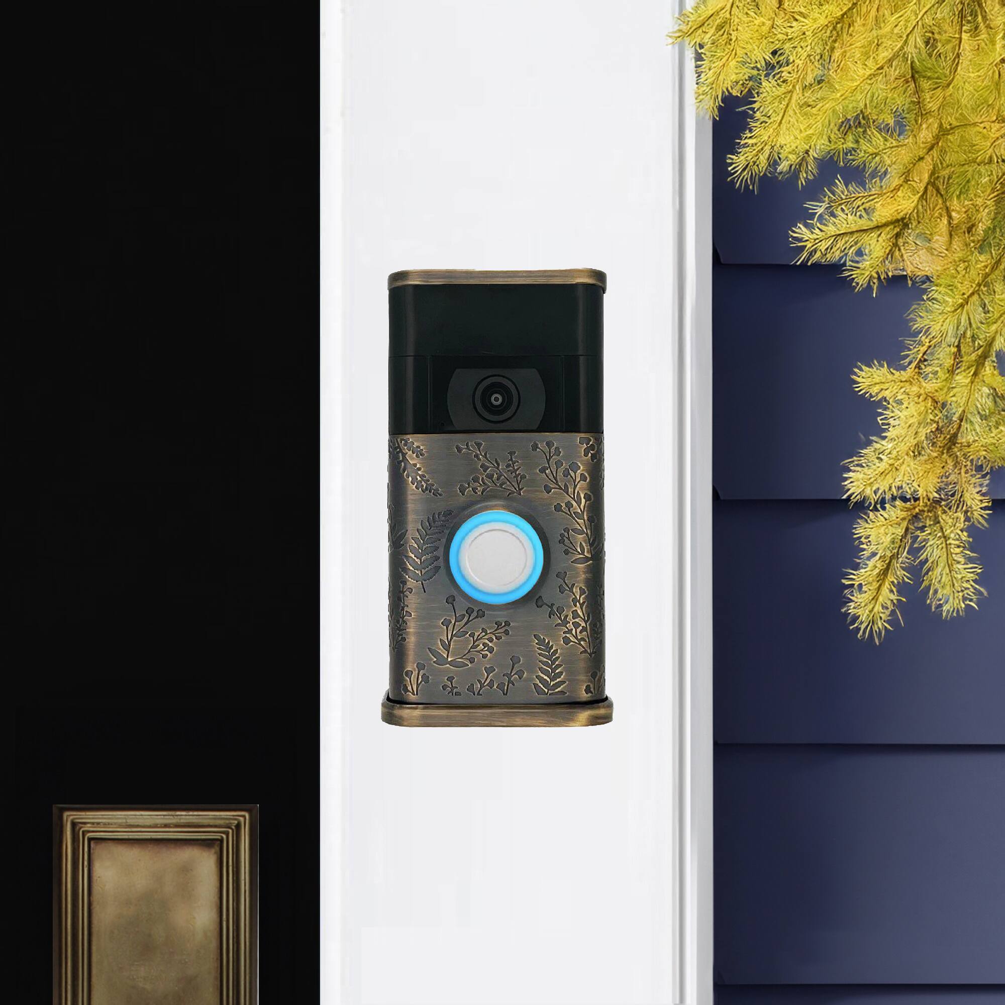 Alt View 3. Michael Healy - Wildflower Video Doorbell Cover (Ring 2nd Gen) - Antique Brass.