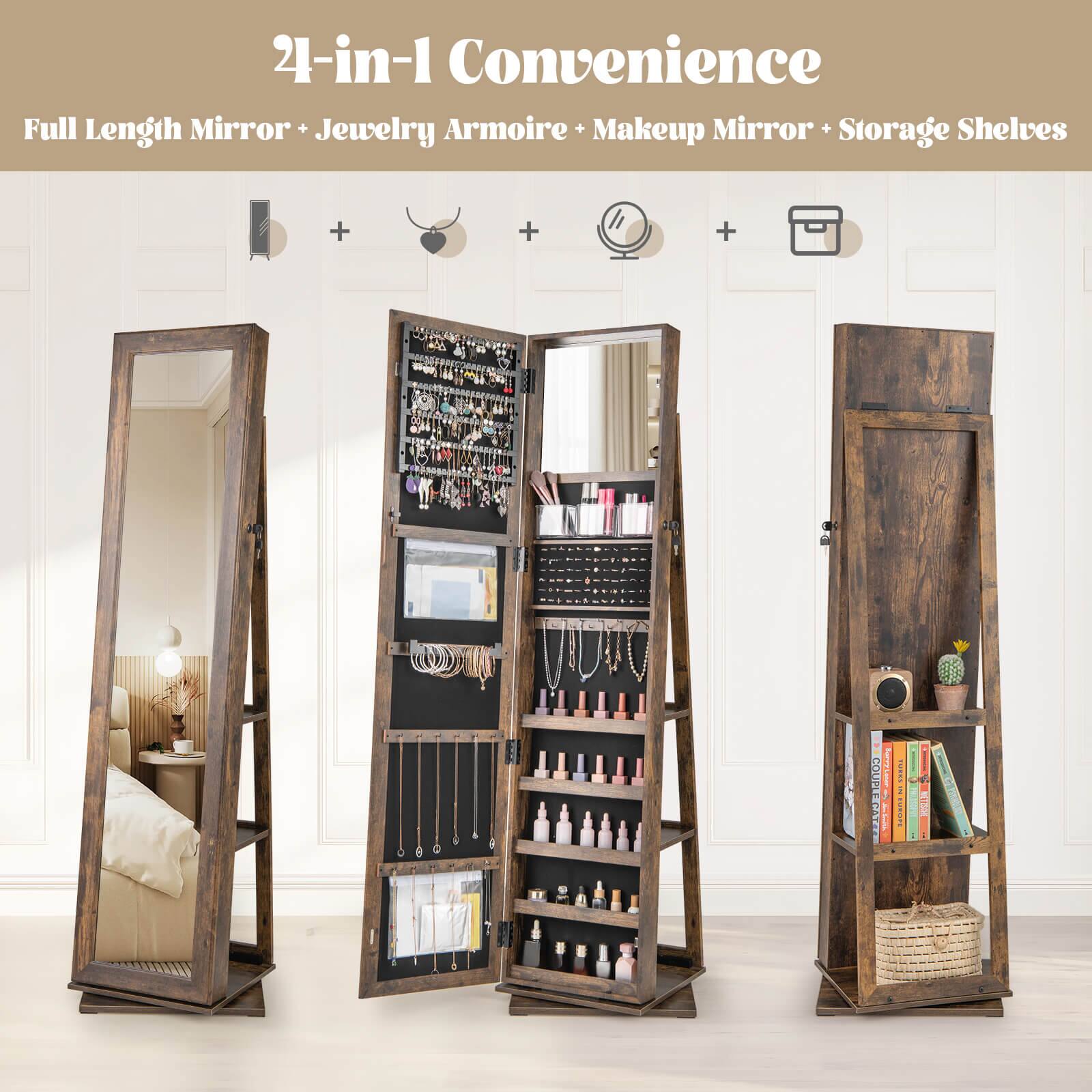 2-in-1 Convenience  
Full Length Mirror + Jewelry Armoire + Makeup Mirror + Storage Shelves