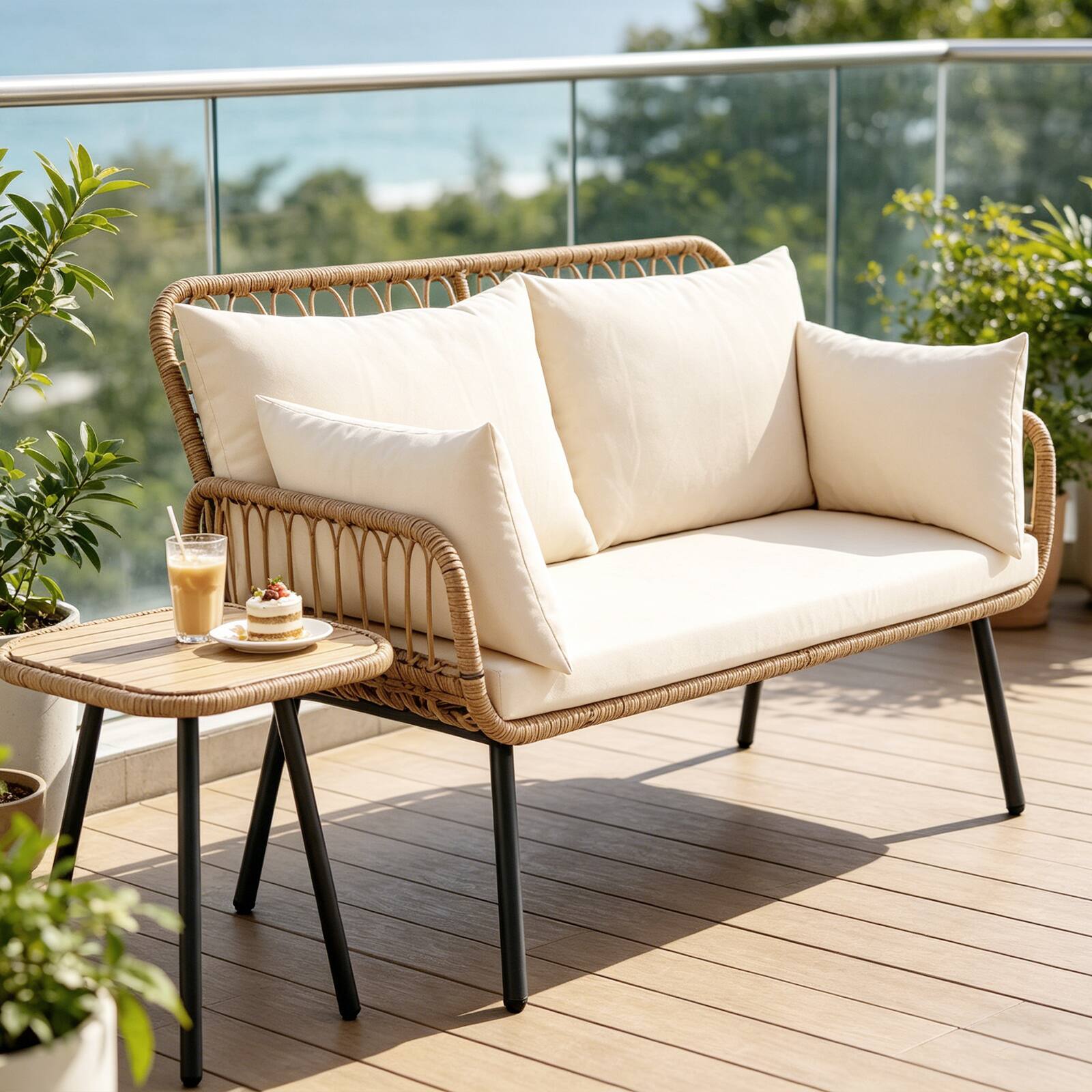 Alt View 4. Costway - Costway Outdoor 2-Seater Sofa with Pillows, Cushions, Metal Frame & Adjustable Foot Pads - Natural & Off White.