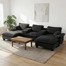 Anysun - 3-Seat U-Shape Chenille Sailboat Cloud Sofa - Cup Holders, USB & Storage, Includes 2 Ottomans & 2 Pillows - Black