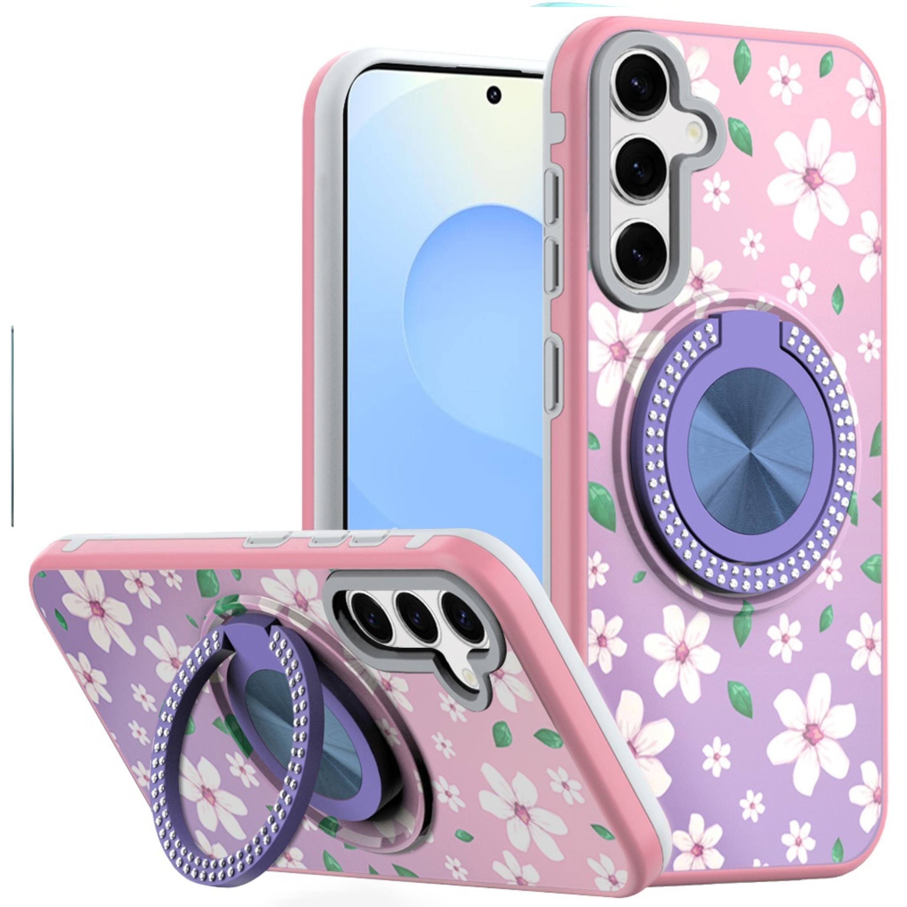 Kitcheniva - Printed Design Ring Stand Case With Tempered Glass For Samsung S25 Plus S24 Plus - Floral price history on PriceWatchPro