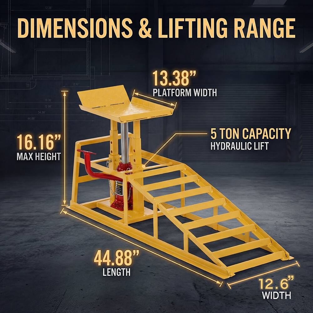 12.38 DIMENSIONS & LIFTING RANGE

13.38" PLATFORM WIDTH

16.16" MAX HEIGHT

44.88" LENGTH

12.6" WIDTH

5 TON CAPACITY HYDRAULIC LIFT