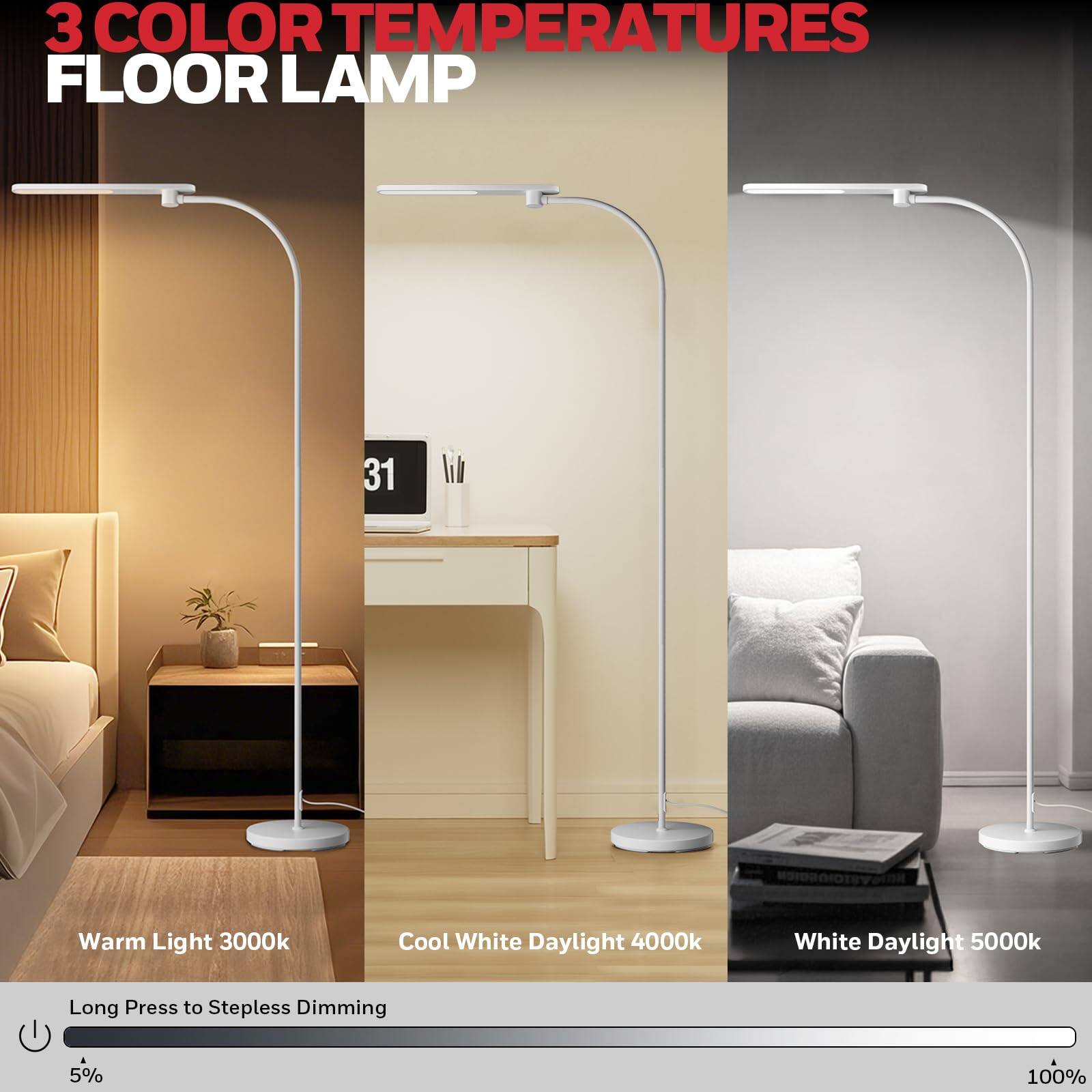 3 COLOR TEMPERATURES FLOOR LAMP
Warm Light 3000k
Cool White Daylight 4000k
White Daylight 5000k
Long Press to Stepless Dimming
5% 100%