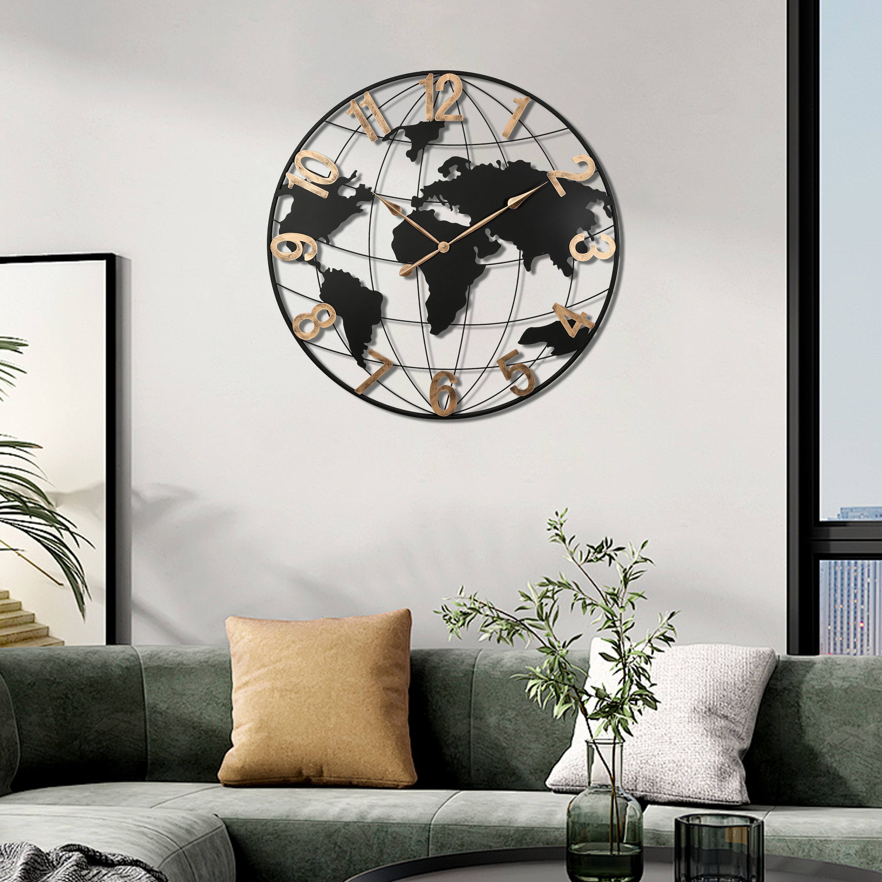Front. Siljoy - 36 Inch Modern Silent World Map Wall Clock with Vintage Gold Arabic Numeral,Decorative for Living Room,Entryway, Bedroom - Black+Gold.
