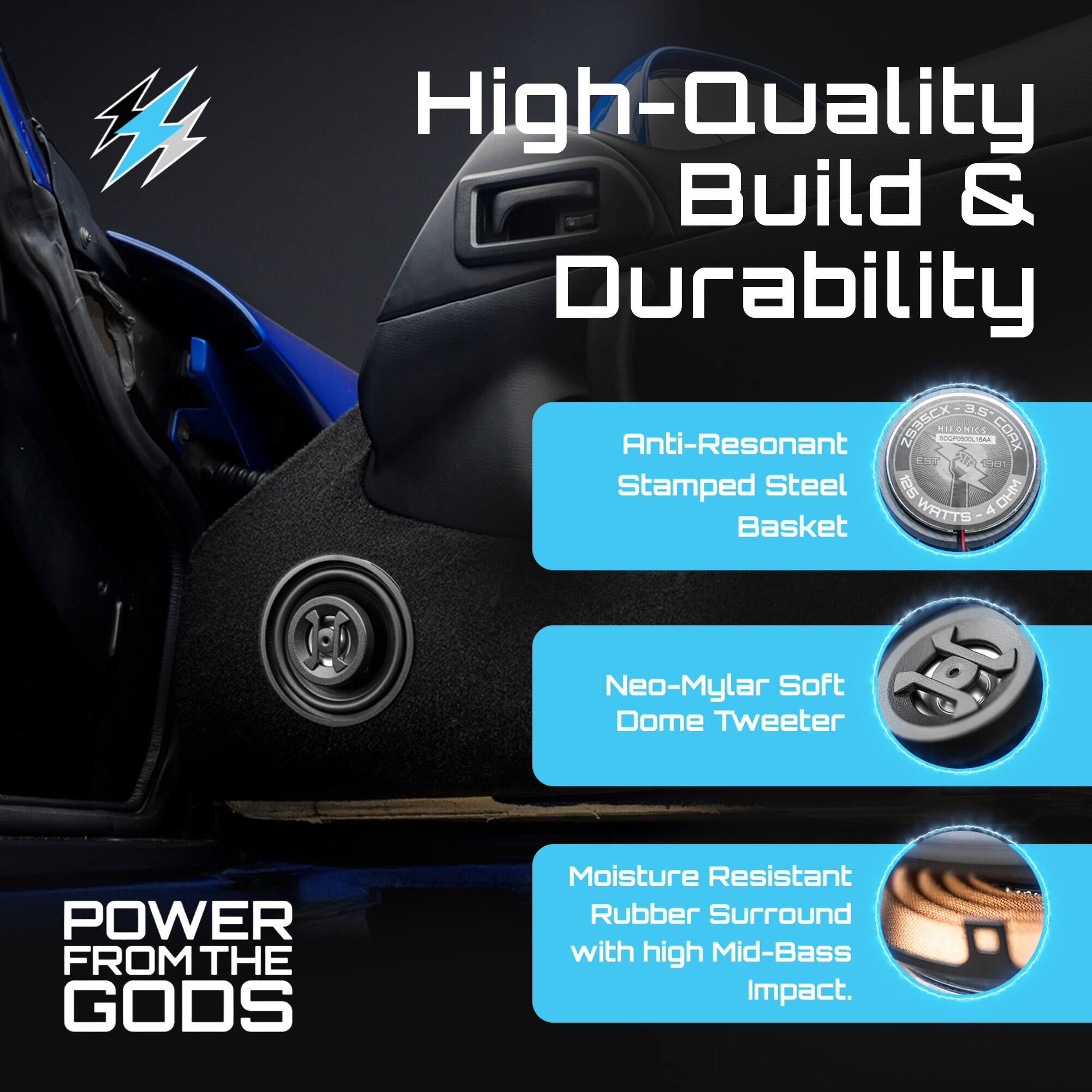 High-Quality Build & Durability

- Anti-Resonant Stamped Steel Basket
- Neo-Mylar Soft Dome Tweeter
- Moisture Resistant Rubber Surround with high Mid-Bass Impact

POWER FROM THE GODS