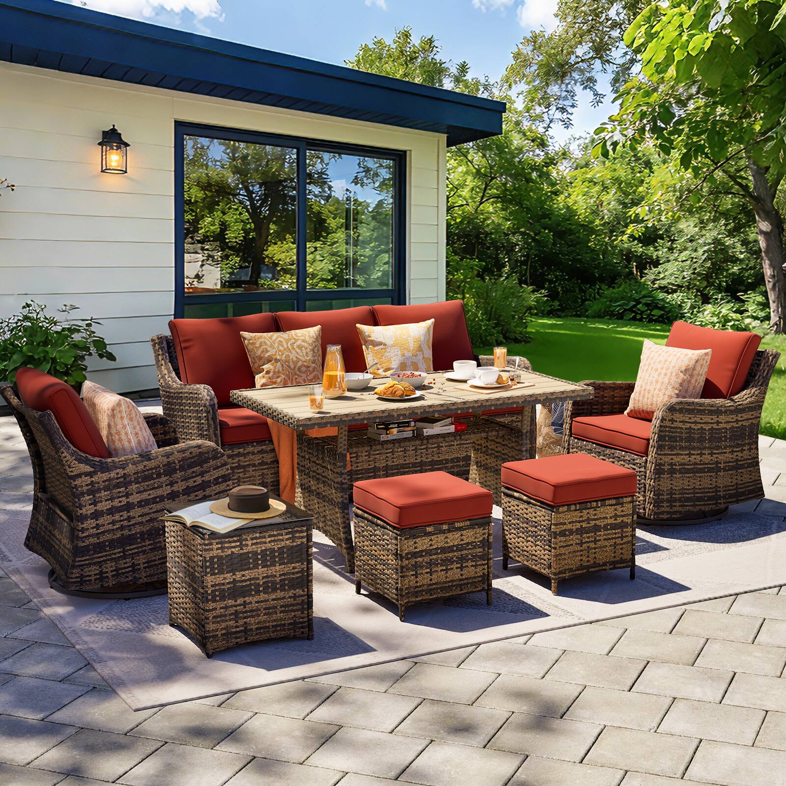 Angle. Yardgrace - 7-Piece Wicker Patio Set w/ Swivel Chairs, Loveseat, 2 Ottomans & Dining Table – Perfect for Relaxing - Red.