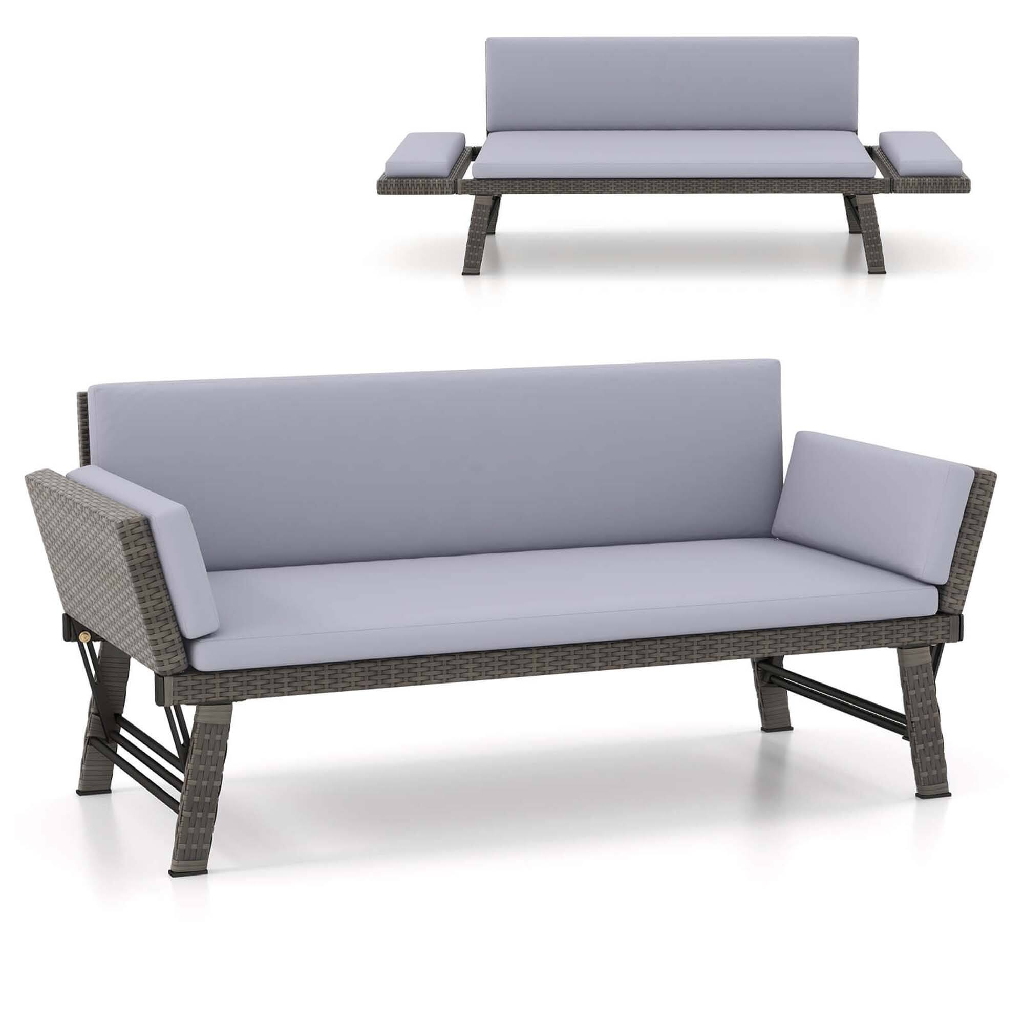 Costway - Outdoor Convertible Sofa Daybed with Adjustable Armrests Removable Cushions - Gray