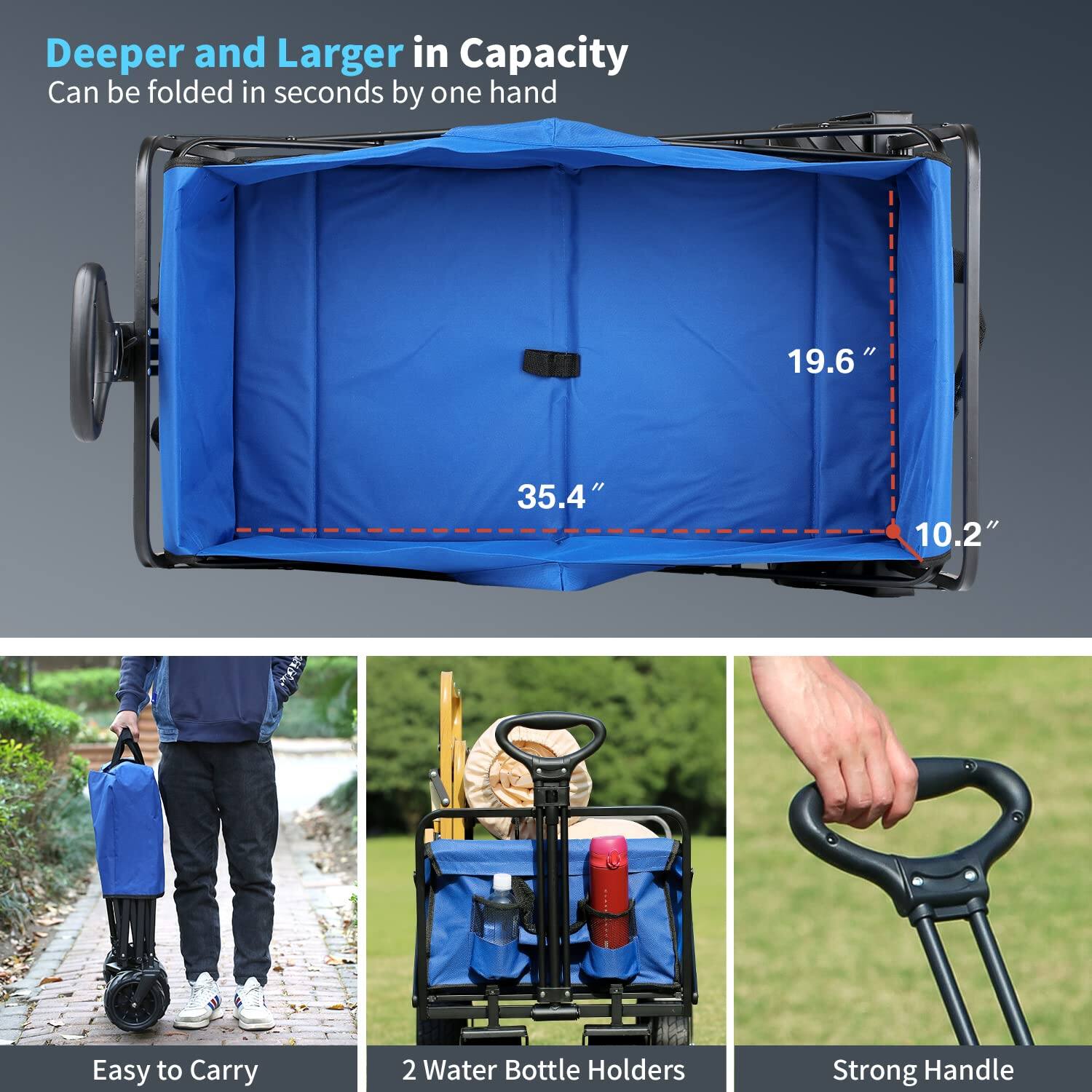 Deeper and Larger in Capacity
Can be folded in seconds by one hand

Dimensions:
- 35.4" (length)
- 19.6" (height)
- 10.2" (width)

Features:
- Easy to Carry
- 2 Water Bottle Holders
- Strong Handle