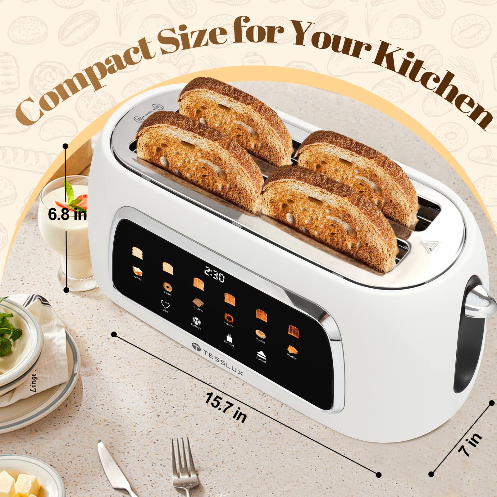 The text on the image indicates the dimensions of the toaster. The corrected and grouped text is:

- Compact Size for Your Kitchen
- 6.8 in
- 15.7 in
- 7 in