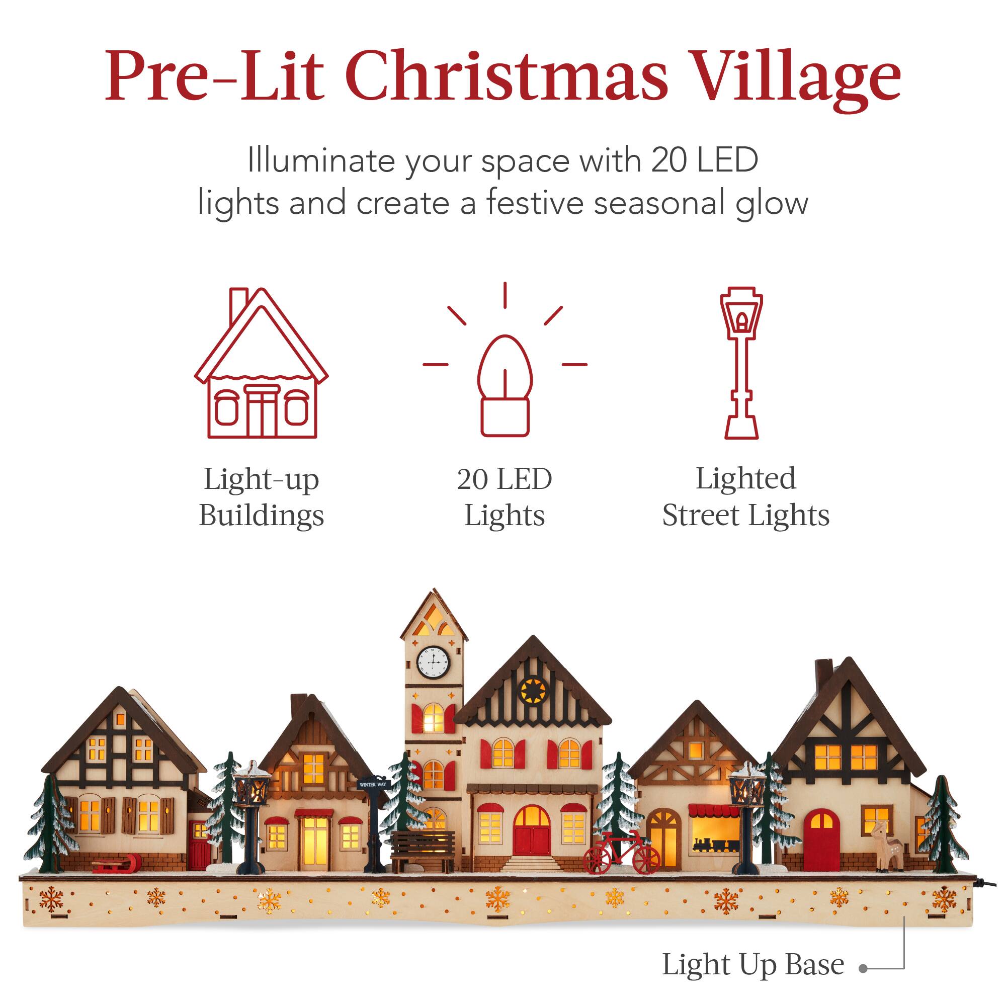 Pre-Lit Christmas Village

Illuminate your space with 20 LED lights and create a festive seasonal glow

- Light-up Buildings
- 20 LED Lights
- Lighted Street Lights

Light Up Base