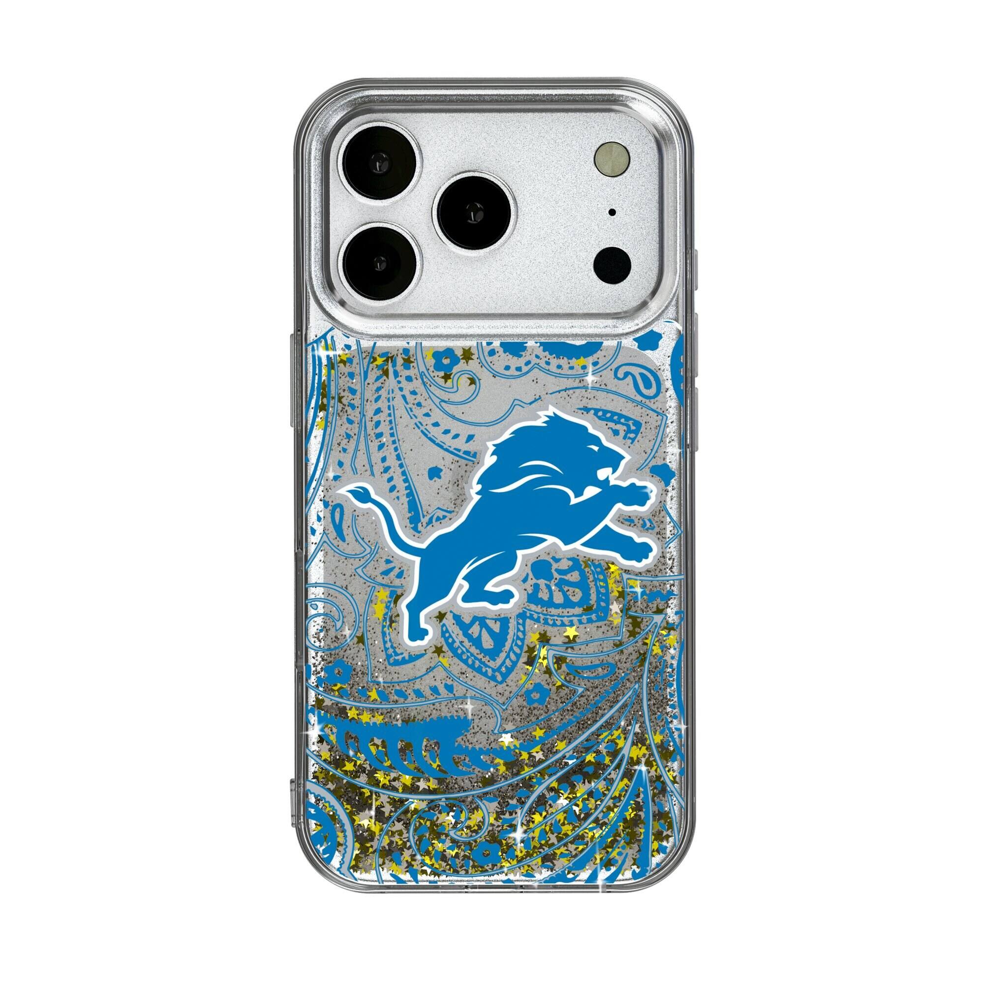 Front. Keyscaper - Detroit Lions iPhone Paisley Design Glitter Case - 16 Pro - Multicolor.