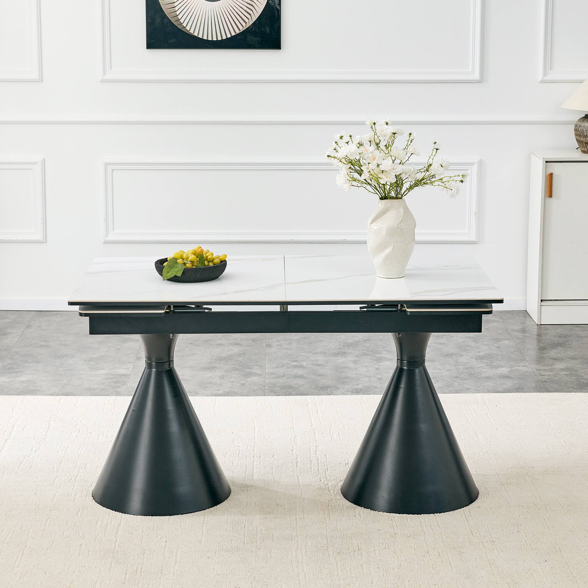 Left. Anysun - Modern Extendable Stone-Top Dining Table – Marble-Patterned Tabletop with Tapered Metal Legs, Rectangular - Black, White.