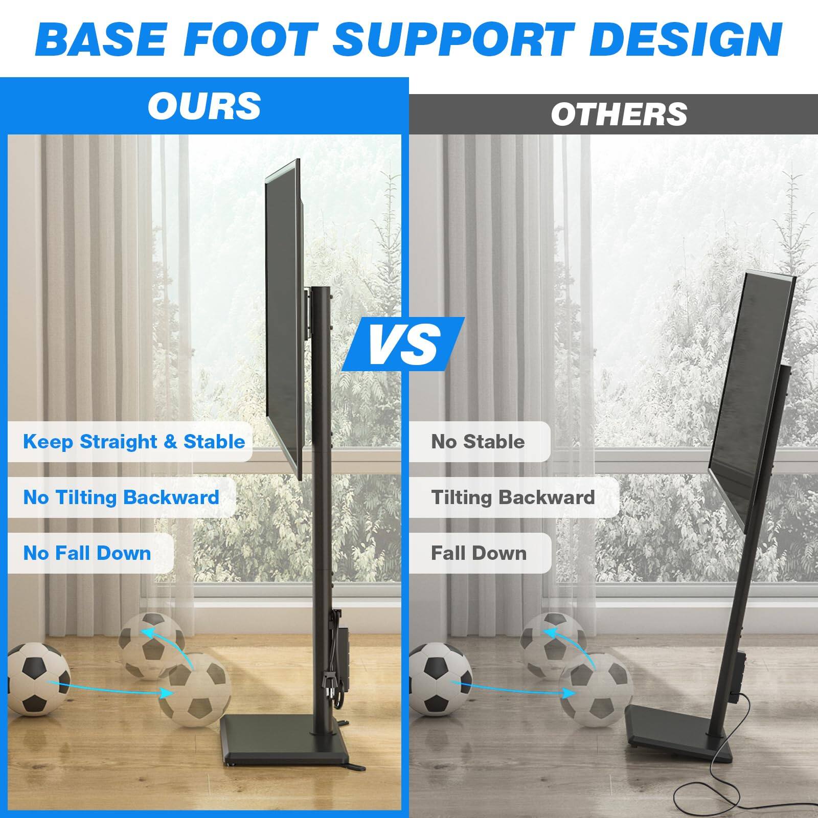 BASE FOOT SUPPORT DESIGN

OURS

- Keep Straight & Stable
- No Tilting Backward
- No Fall Down

VS

OTHERS

- No Stable
- Tilting Backward
- Fall Down