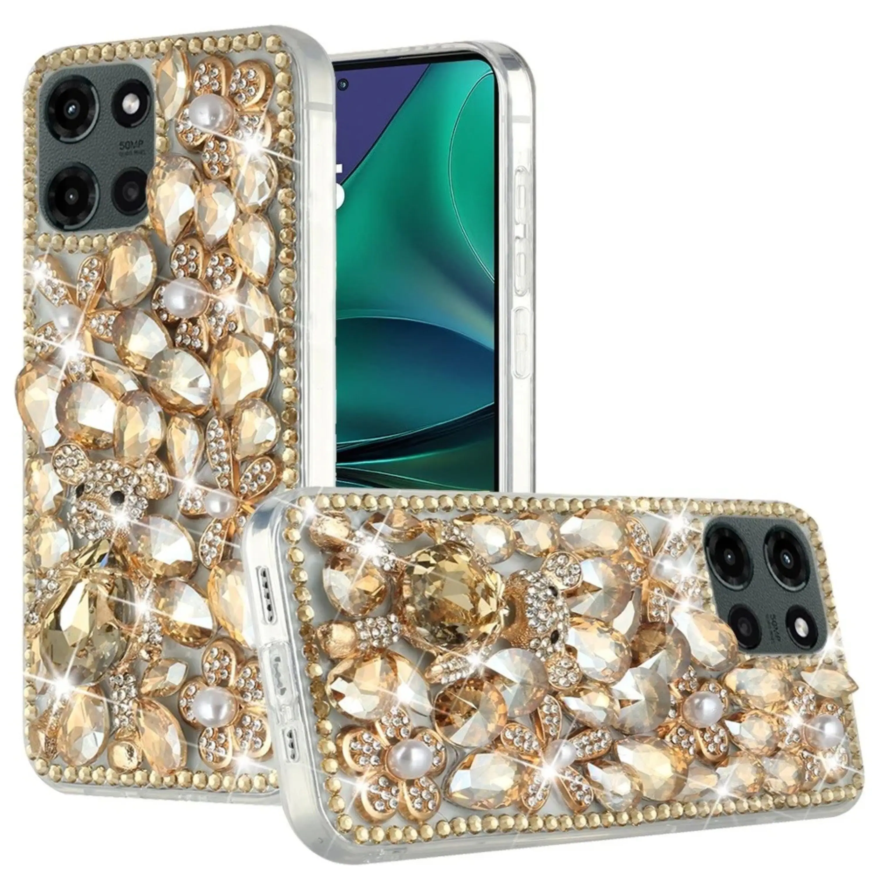 Front. Kitcheniva - Full Diamond Bling With 3D Jewel Case Plus Tempered Glass For Moto G Stylus 2026/2025 Gold Panda - Gold.