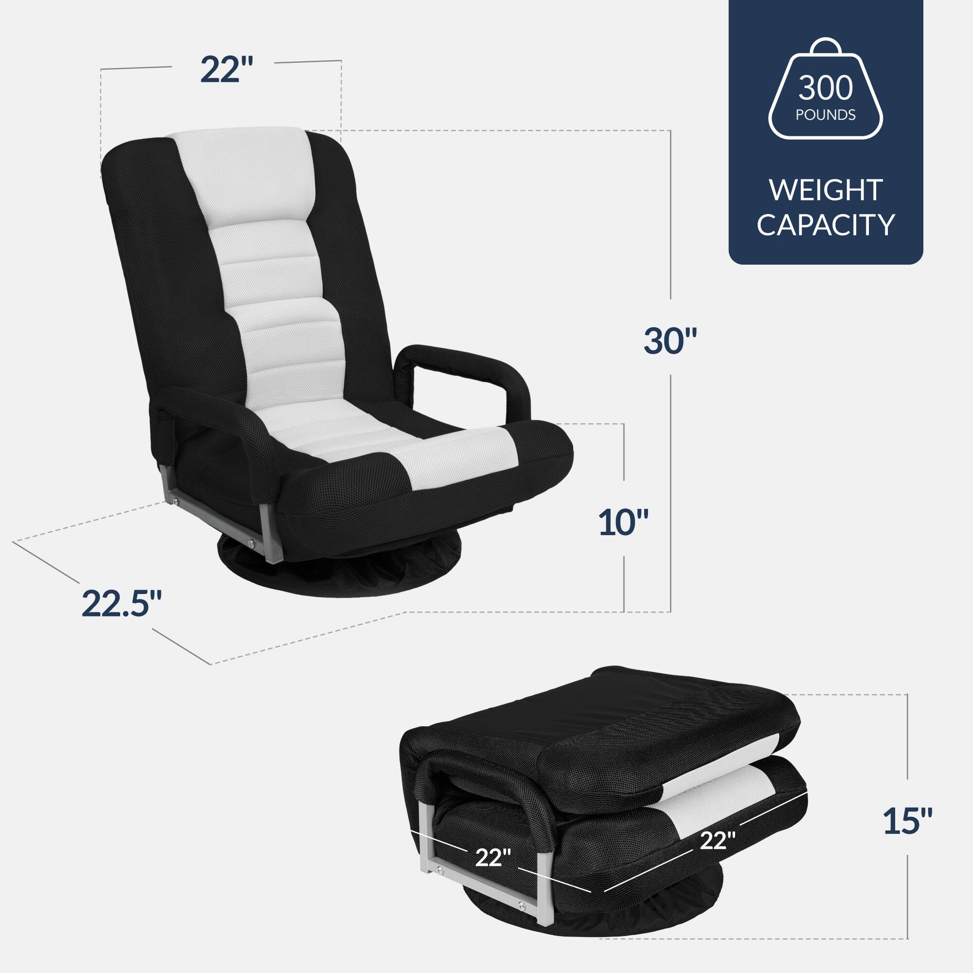 - 22" (Width)
- 30" (Height)
- 10" (Depth)
- 22.5" (Seat Width)
- 15" (Seat Depth)
- 22" (Armrest Width)
- 300 Pounds Weight Capacity