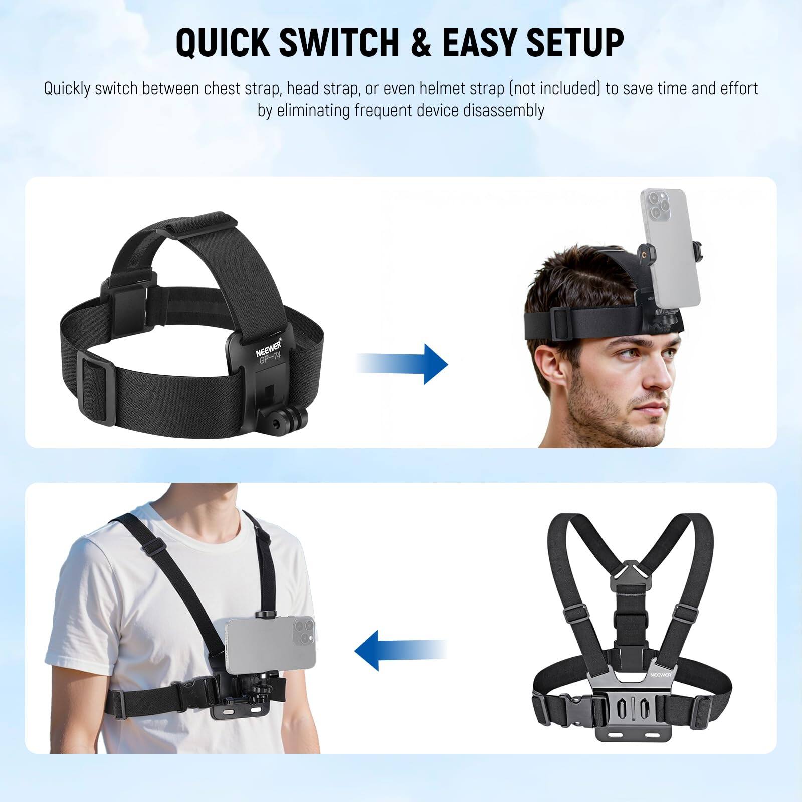 QUICK SWITCH & EASY SETUP

Quickly switch between chest strap, head strap, or even helmet strap (not included) to save time and effort by eliminating frequent device disassembly.