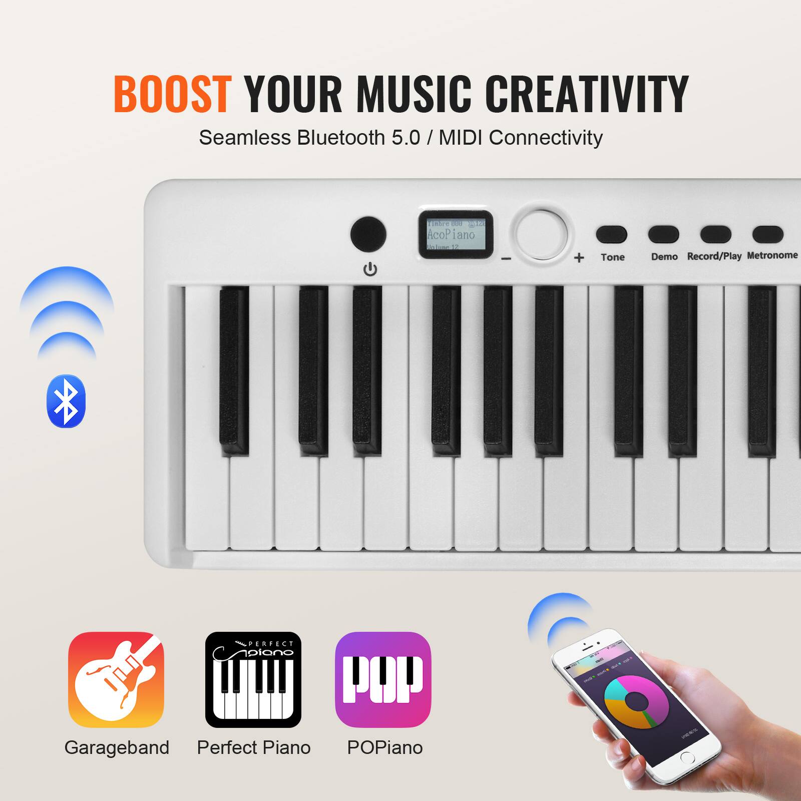 BOOST YOUR MUSIC CREATIVITY  
Seamless Bluetooth 5.0 / MIDI Connectivity  

BOOST YOUR MUSIC CREATIVITY  
Seamless Bluetooth 5.0 / MIDI Connectivity  

Garageband  
Perfect Piano  
POPiPiano