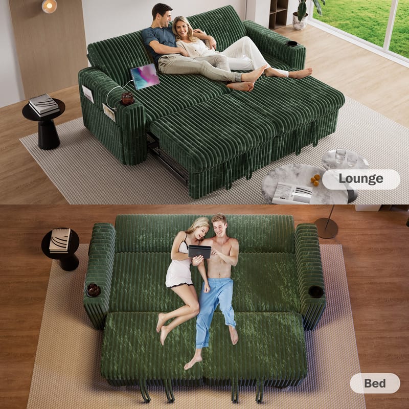 Dyonery - 91" Convertible Sofa Bed, 3-in-1 Sleeper Sofa with Pull-Out Bed, Couch Folding Loveseat, USB Ports & Adjustable Backrest - Green