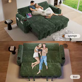 Dyonery - 91" Convertible Sofa Bed, 3-in-1 Sleeper Sofa with Pull-Out Bed, Couch Folding Loveseat, USB Ports & Adjustable Backrest - Green