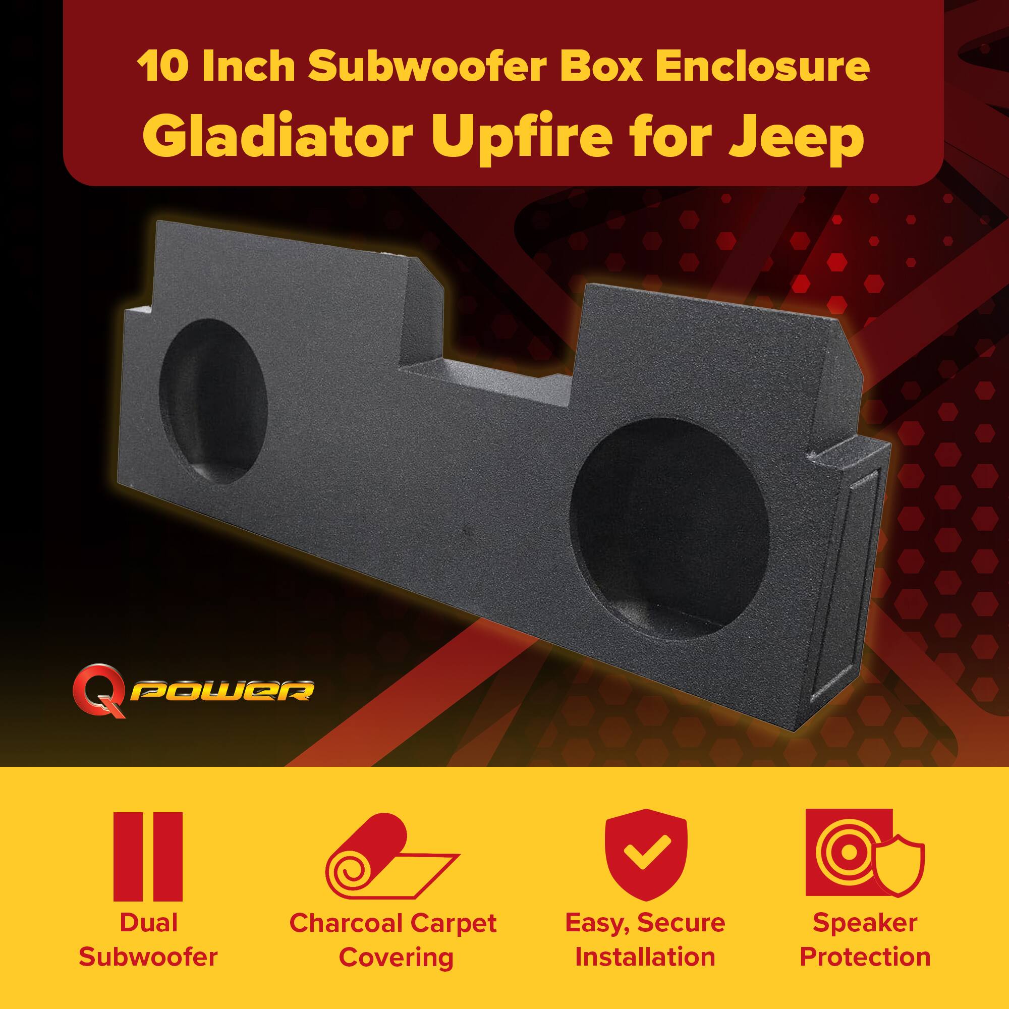 10 Inch Subwoofer Box Enclosure Gladiator Upfire for Jeep

- Dual Subwoofer
- Charcoal Carpet Covering
- Easy, Secure Installation
- Speaker Protection