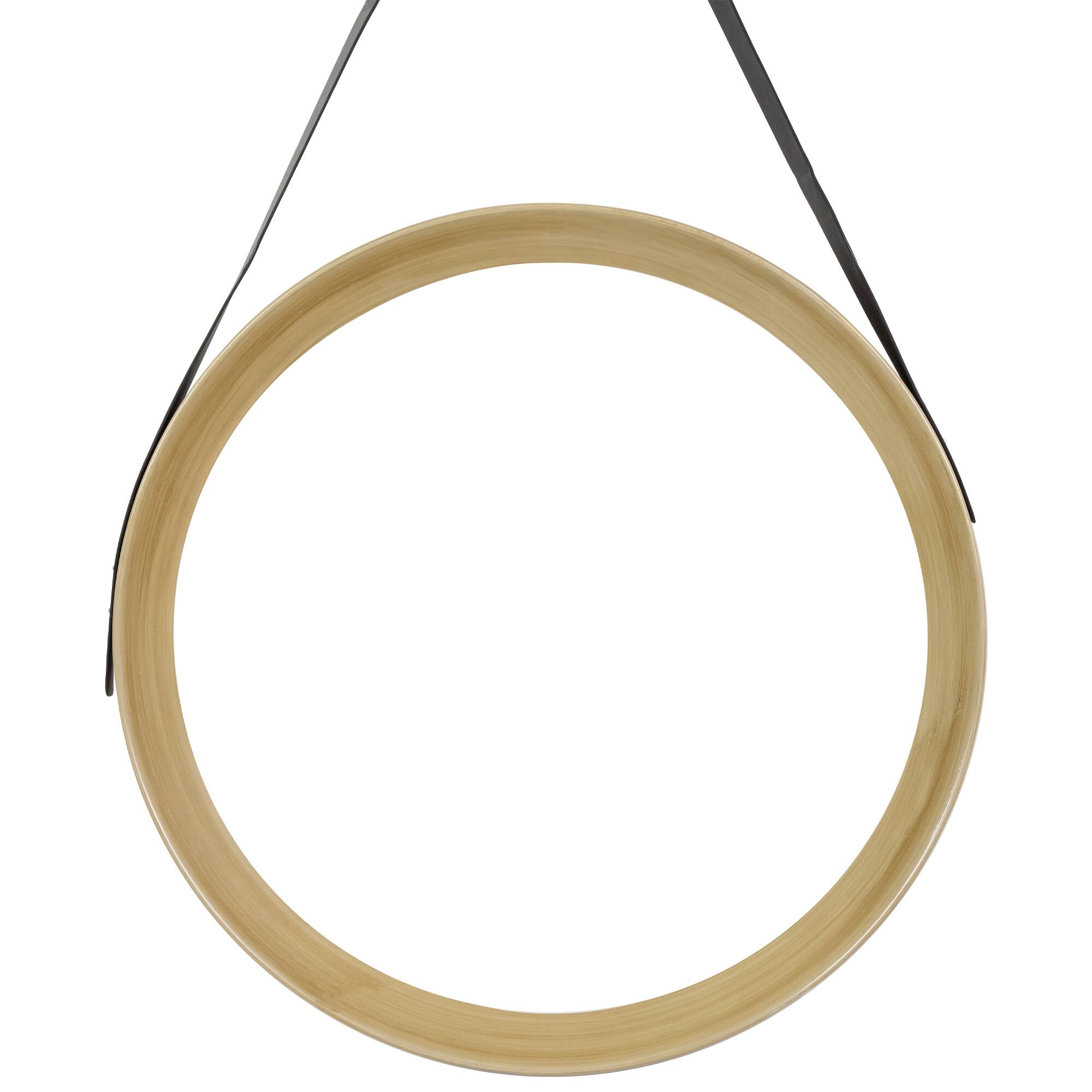Front. Northlight - 20" Wooden Finish Round Wall Mirror with Black Hanging Strap - Gold.