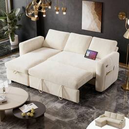 Dyonery - 81" L Shaped Pull Out Couches for Living Room with Storage Chaise, USB Port&Cupholder - Beige