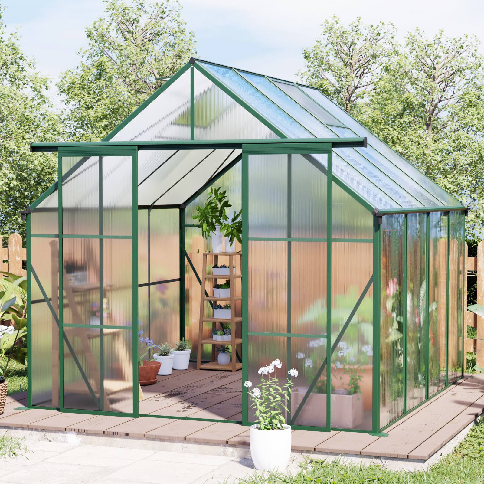 Angle. Mondawe - 8x8 FT Double Door Polycarbonate Greenhouse - Green.