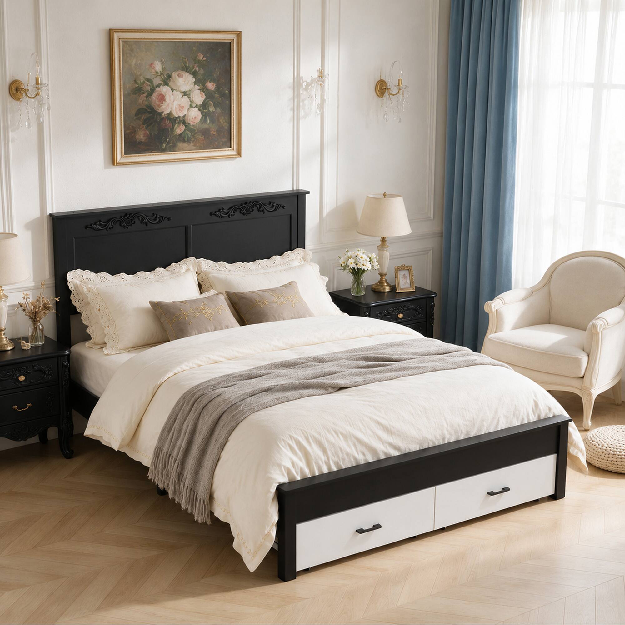 Left. LUCKY ONE - Queen size Rustic Bed Frame with Two Storage Drawers - Black+White.