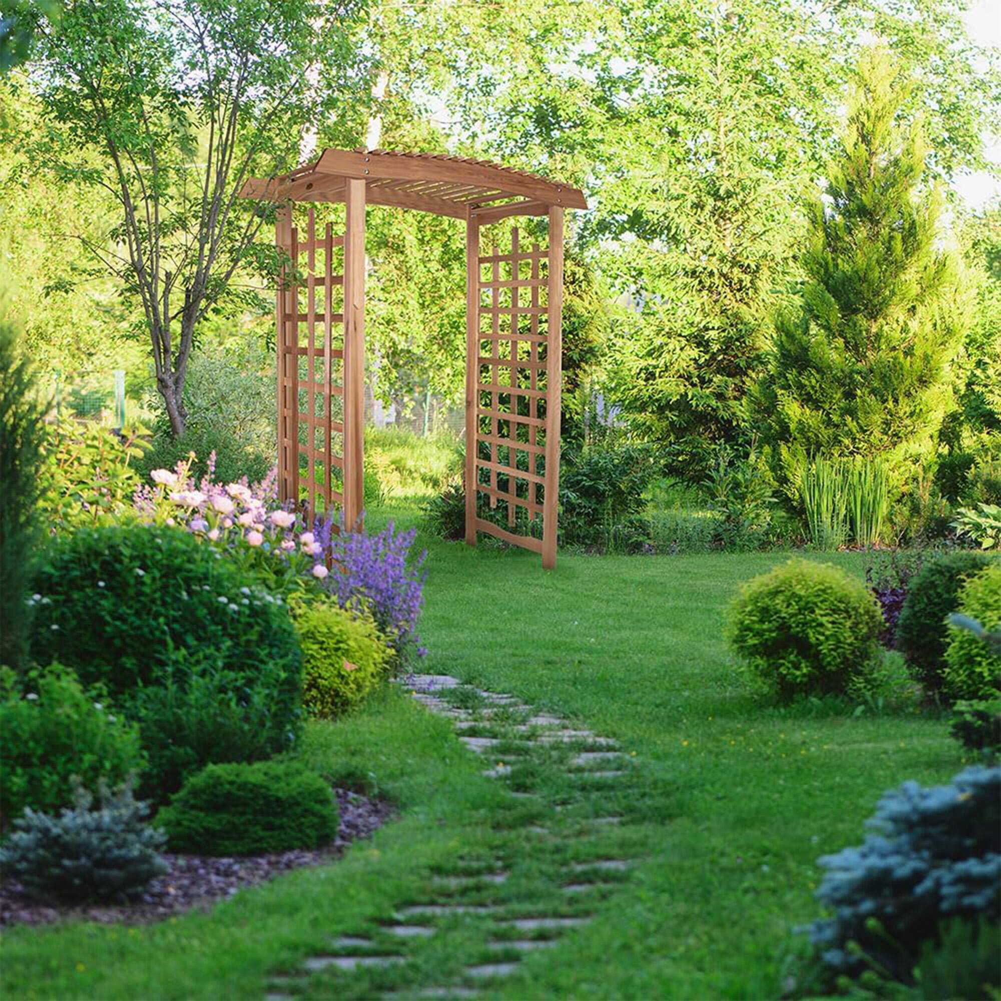 Alt View 7. All Things Cedar - All Things Cedar 8-Foot Pagoda Arbor Garden Arch Trellis for Climbing Plants - Natural.